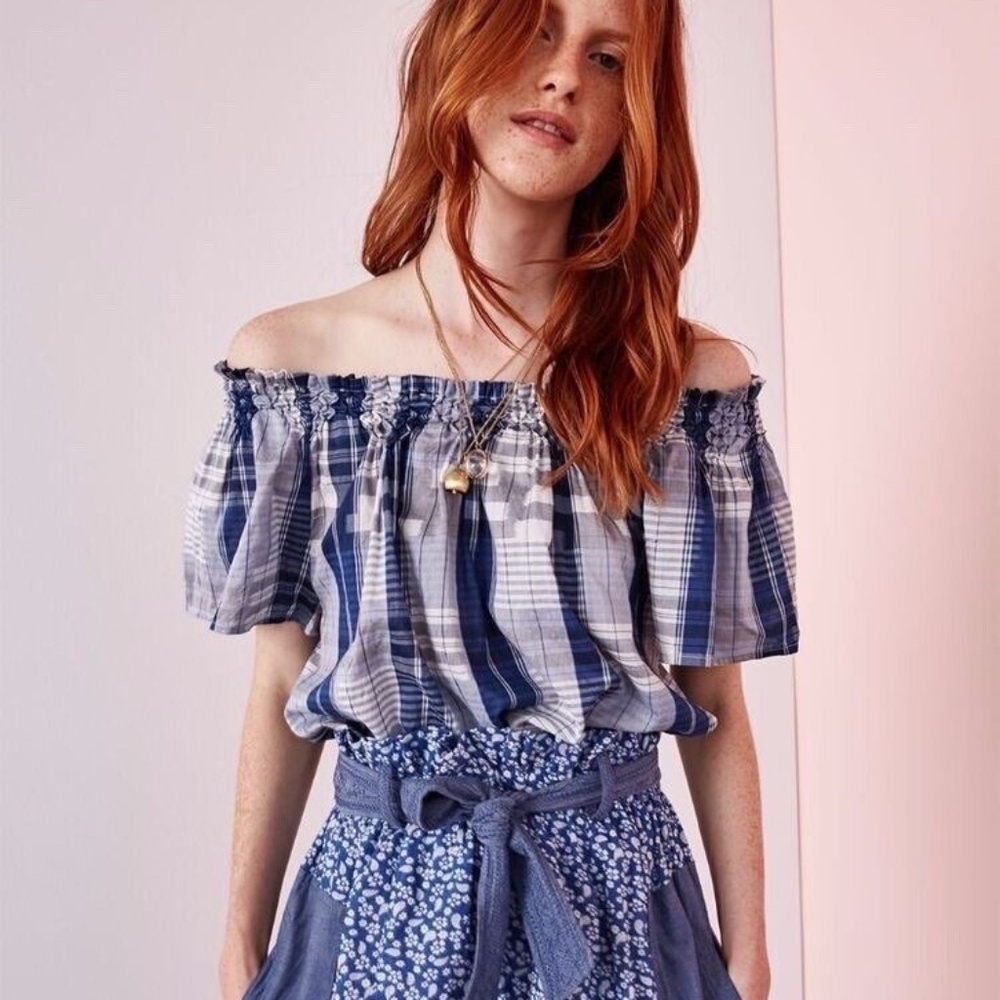 ULLA JOHNSON Blue Madras Cotton Plaid Blouse 2